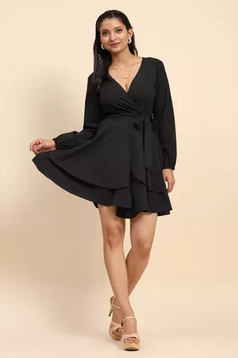 Women's Short Western V-Neck Long Sleeve Black Mini Dress