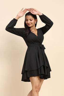 Women's Short Western V-Neck Long Sleeve Black Mini Dress 7