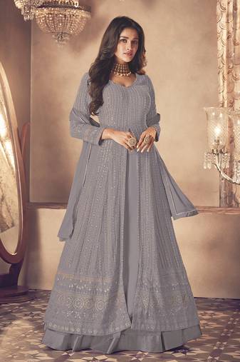 Crinkle Chiffon Grey Swrovski Work Festive Salwar Suit