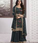 Dark teal colour digitally printed vichitra Silk Blend traditional salwar kameez
