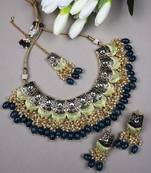 Dual colour blue kundan meenakari necklace set with earrings and maangtika