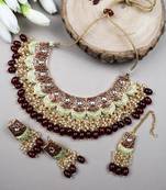 Dual colour maroon kundan meenakari necklace set with earrings and maangtika