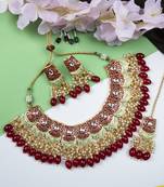 Dual colour red kundan meenakari necklace set with earrings and maangtika