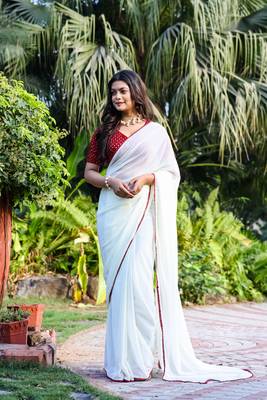 Off White Colour Faux Georgette Lace Border Saree With Hevay Work Unstitched Blouse  1