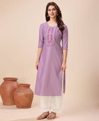 Mojilaa women's lavender viscose floral embroidered straight kurta 1