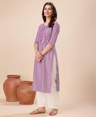 Mojilaa women's lavender viscose floral embroidered straight kurta 2