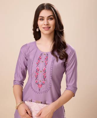 Mojilaa women's lavender viscose floral embroidered straight kurta 3
