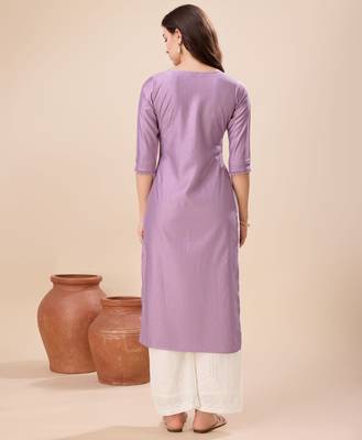 Mojilaa women's lavender viscose floral embroidered straight kurta 4