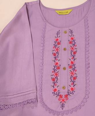 Mojilaa women's lavender viscose floral embroidered straight kurta 5