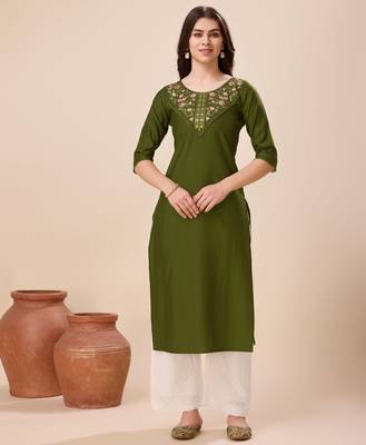  green viscose floral embroidered straight kurta 1