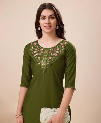  green viscose floral embroidered straight kurta 3