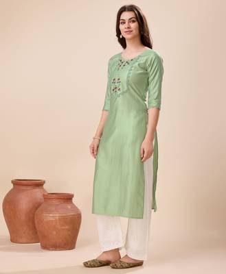  light green viscose floral embroidered straight kurta 2