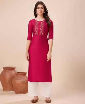  magenta viscose floral embroidered straight kurta 1