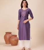  mauve viscose floral embroidered straight kurta
