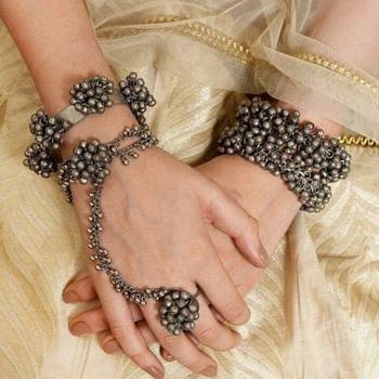 Silver plated hand harness pair with a bangle oxidized traditional bracelet with adjustable ring 1