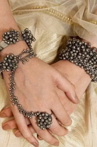 Silver plated hand harness pair with a bangle oxidized traditional bracelet with adjustable ring