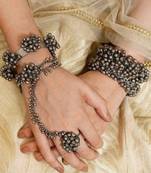 Silver plated hand harness pair with a bangle oxidized traditional bracelet with adjustable ring