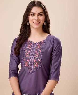  mauve viscose floral embroidered straight kurta 3