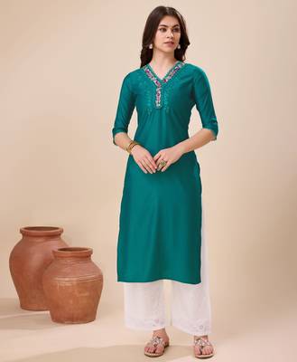 green viscose floral embroidered straight kurta 1
