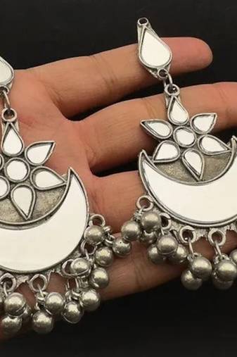 Ethnic indian mirror earrings silver plated black polish glass earrings german silver look alike jewelry