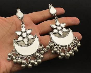 Ethnic indian mirror earrings silver plated black polish glass earrings german silver look alike jewelry 1