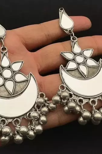 Ethnic indian mirror earrings silver plated black polish glass earrings german silver look alike jewelry