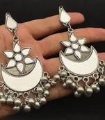 Ethnic indian mirror earrings silver plated black polish glass earrings german silver look alike jewelry