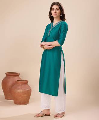  green viscose floral embroidered straight kurta 2