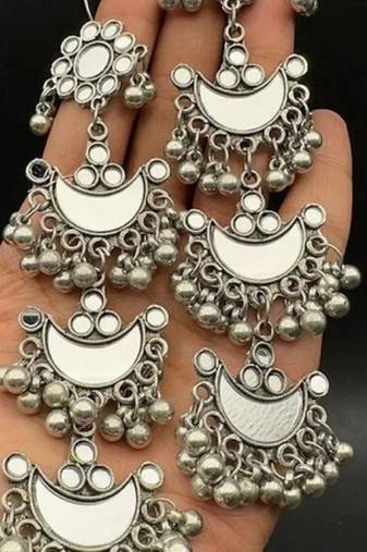 Black polish mirror earrings german silver afghani earrings oxidised silver plated long earring