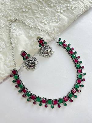Indian oxidized necklace jewelry set with matching color earrings ethnic german silver jewelry se 1