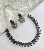 Indian oxidized necklace jewelry set with matching color earrings ethnic german silver jewelry se
