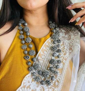 Beautiful hand crafted silver oxidized long multilayer statement necklace 1