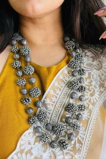 Beautiful hand crafted silver oxidized long multilayer statement necklace