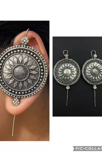 Trendy oxidized silver plated handmade designed pin bugadi indian german silver antique style pin bugadi earrings