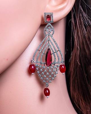 Silver polish crystal stone earrings with ruby stone, american diamond silver tone drop shape earrings 1