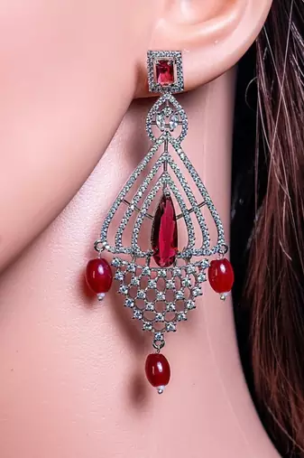 Silver polish crystal stone earrings with ruby stone, american diamond silver tone drop shape earrings