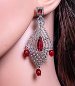 Silver polish crystal stone earrings with ruby stone, american diamond silver tone drop shape earrings