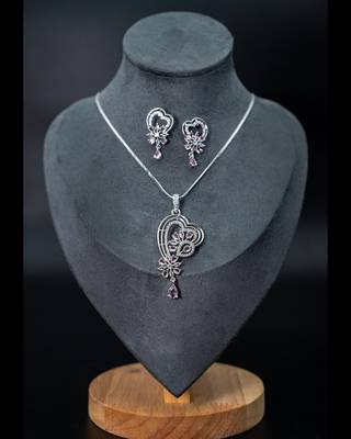 Heart design american diamond zirconia pendant set with chain and earrings 1