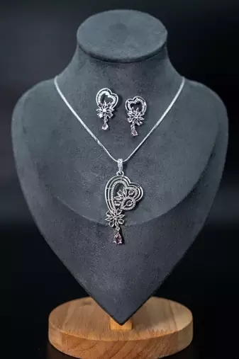 Heart design american diamond zirconia pendant set with chain and earrings