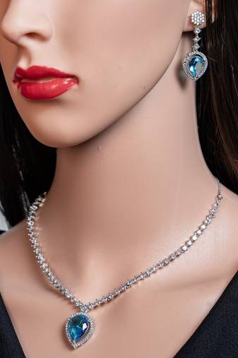 Zirconium faux diamond pendant set american diamond silver plated cz necklace set
