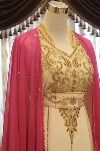 Pink & White Handcrafted Zari work Stitched Dress Georgette Kaftan Party Wear Wedding Dresses