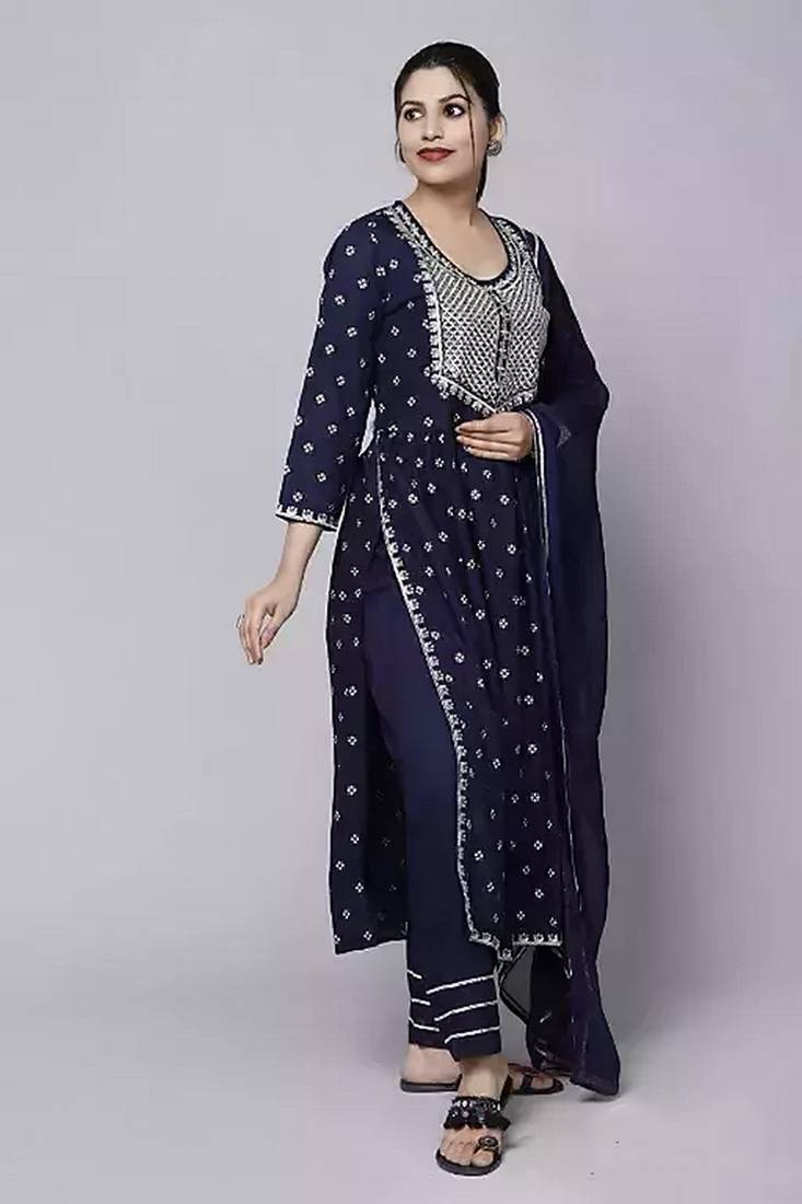 Women's Embroidery Nayra Cut Kurti With pent and Dupatta Set 