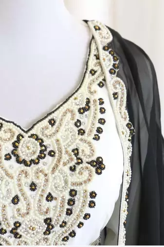 Grand Black & White Layered Kaftan with Silver Zari Work | Luxury Event Dress