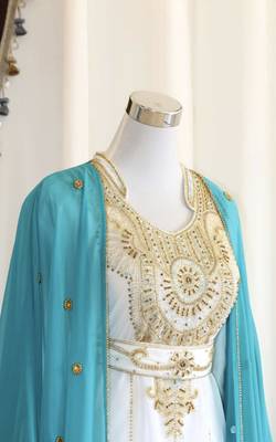 Sky-Blue & White Handcrafted Zari work Stitched Dress Georgette Kaftan Party Wear Wedding Dresses	 2
