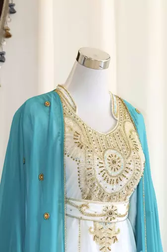 Sky-Blue & White Handcrafted Zari work Stitched Dress Georgette Kaftan Party Wear Wedding Dresses	