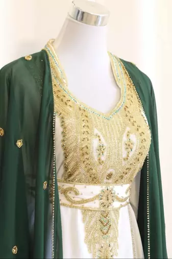 Green & White Handcrafted Zari work Stitched Dress Georgette Kaftan Party Wear Wedding Dresses