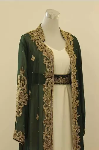Green and White Georgette Zari Work Kaftan