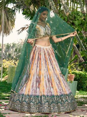 GREEN & MULTICOLOR ZARI & SEQUINS EMBROIDERED WITH DIGITAL PRINT CHINON FABRIC PARTY WEAR FESTIVAL SEMI STITCHED CHOLI 1