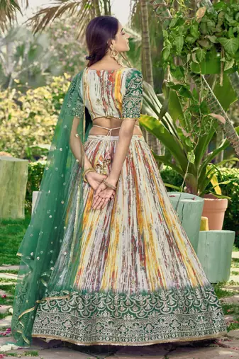 GREEN & MULTICOLOR ZARI & SEQUINS EMBROIDERED WITH DIGITAL PRINT CHINON FABRIC PARTY WEAR FESTIVAL SEMI STITCHED CHOLI