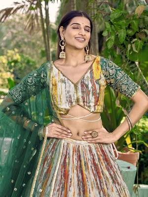 GREEN & MULTICOLOR ZARI & SEQUINS EMBROIDERED WITH DIGITAL PRINT CHINON FABRIC PARTY WEAR FESTIVAL SEMI STITCHED CHOLI 3